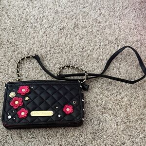 Betsey Johnson Black Quilted Crossbody with Pink Floral Details